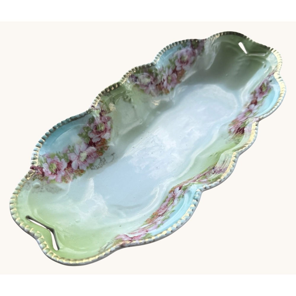 Antique Porcelain Celery Dish- Tray Scalloped Rim- Pastel Floral 1890s - Picture 2 of 6